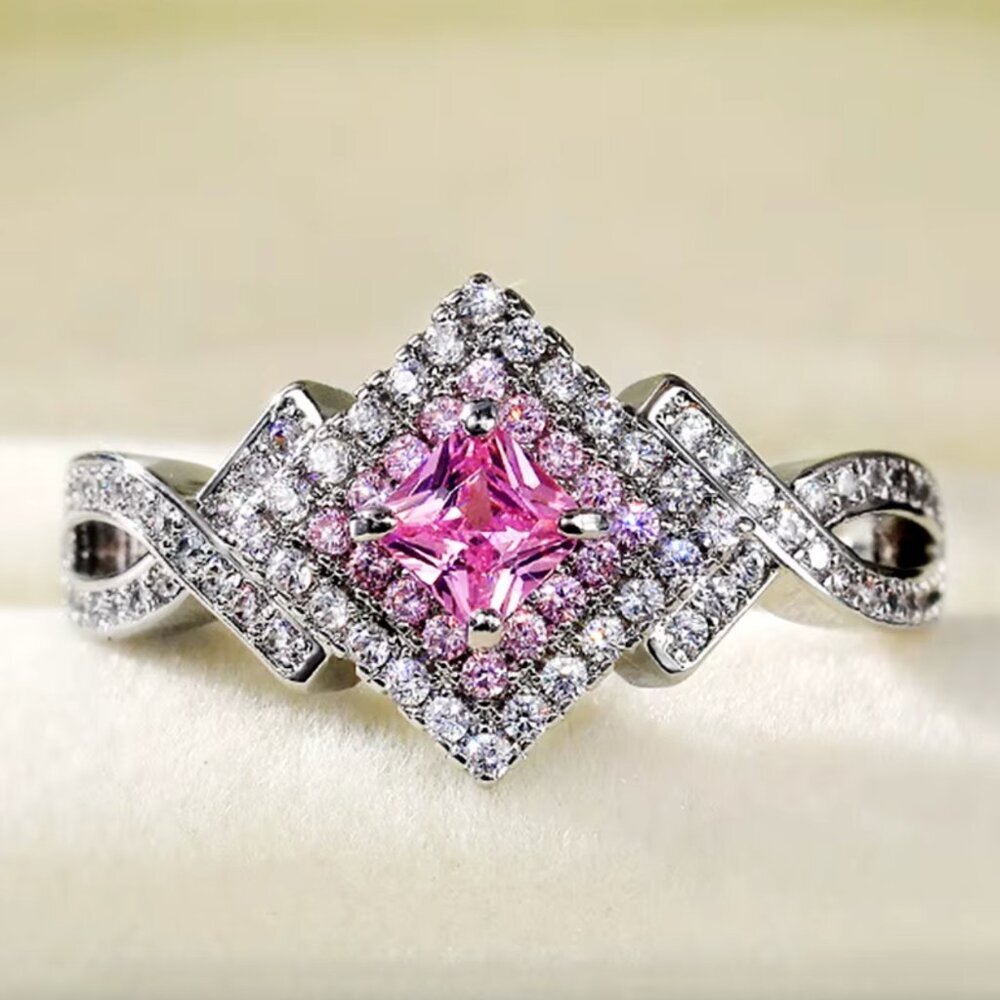 NEW 14k White Gold Sterling Silver Diamond Ring Pink Sapphire Ring - Picture 8 of 8